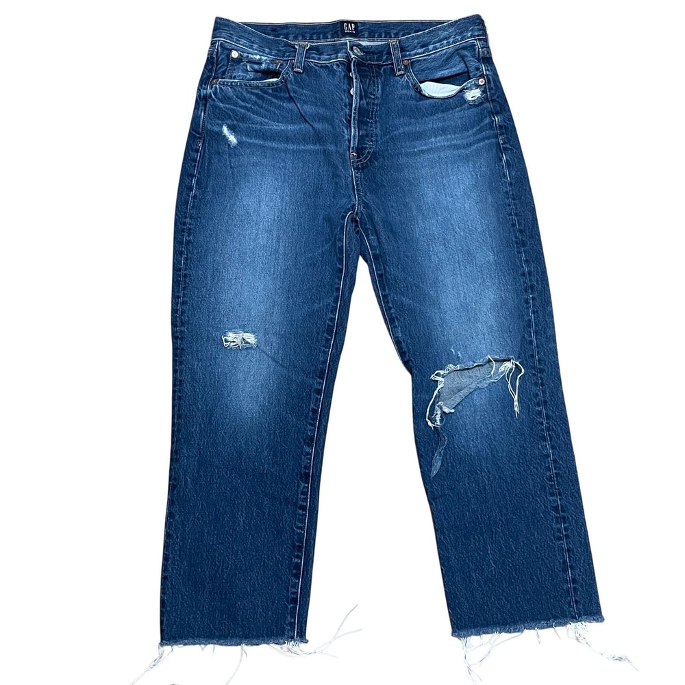 GAP Women's Button-fly Distressed Straight-Leg Boyfriend Jeans — Dark Blue